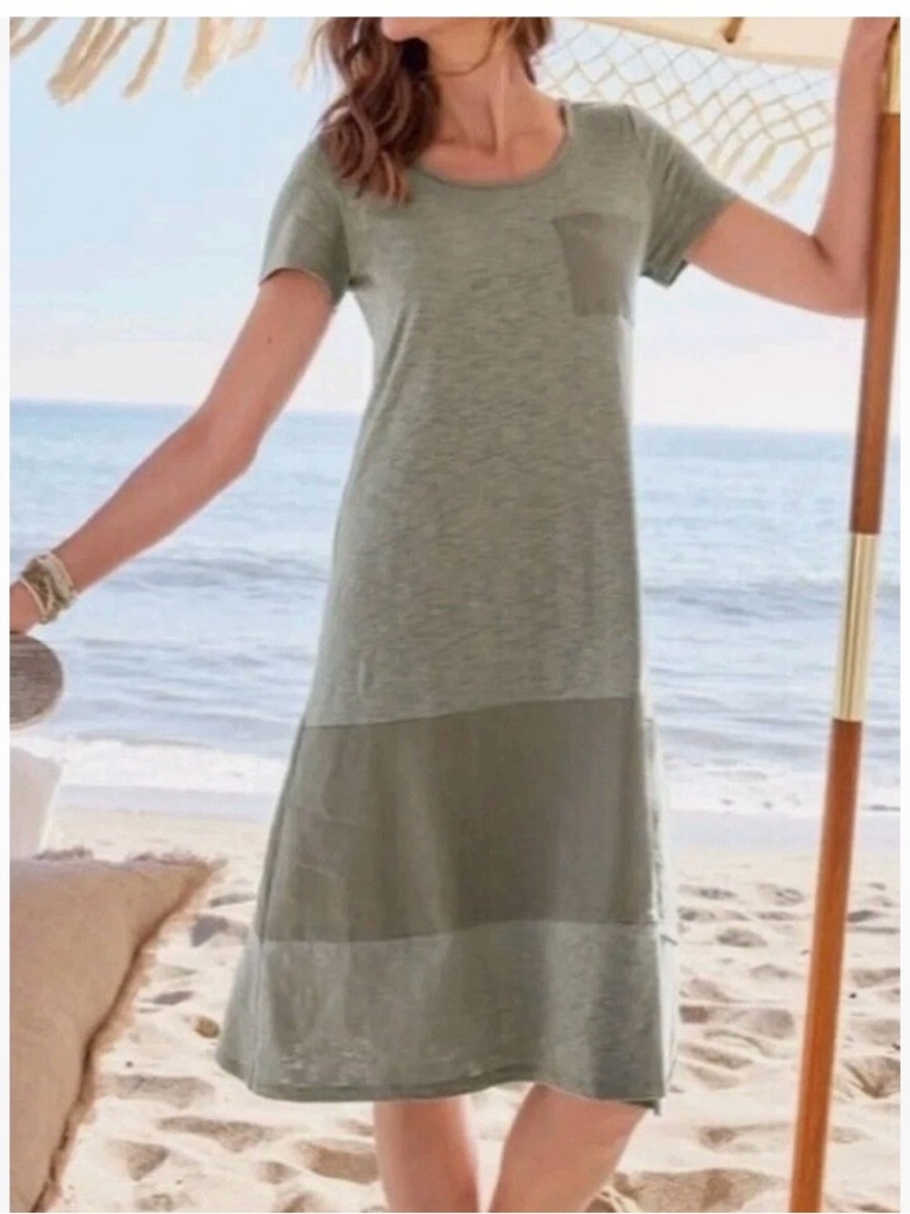 Soft Surroundings midi green Winnie linen blend short sleeve casual dress M